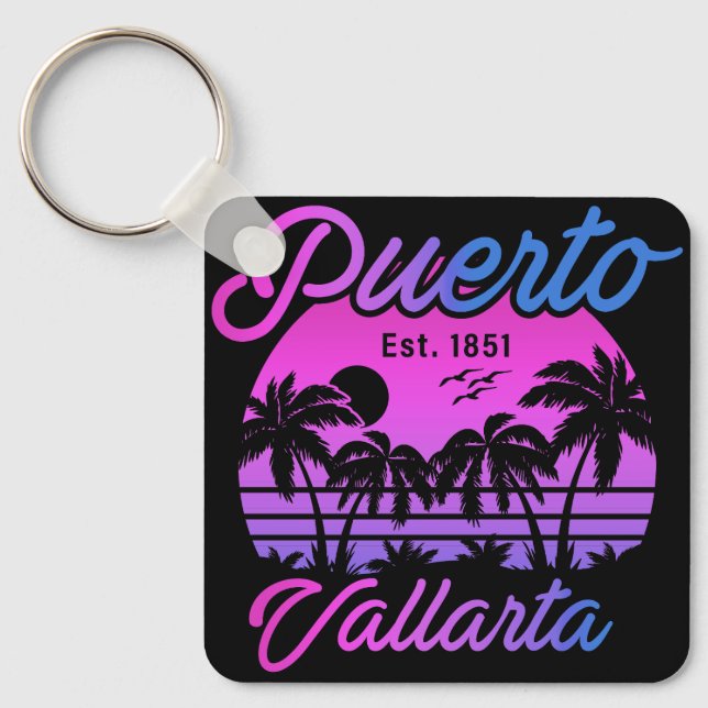 Puerto Vallarta Retro Sunset 80s Palm Trees Keychain (Front)