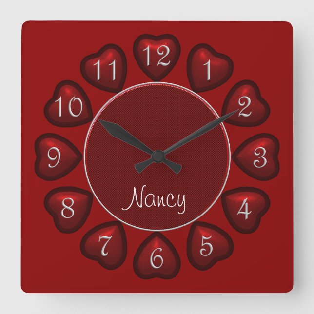 Puffed Hearts Red Square Clock (Front)