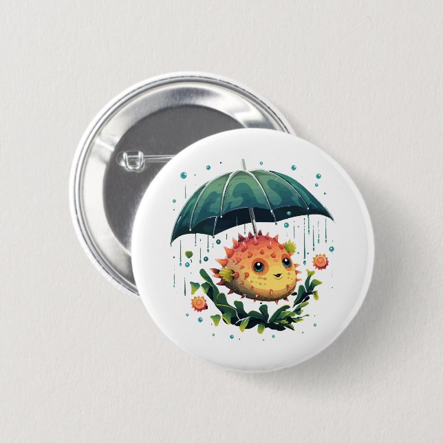 Puffer Fish Rainy Day With Umbrella 2 Inch Round Button (Front & Back)