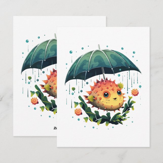 Puffer Fish Rainy Day With Umbrella Holiday Card (Front/Back)