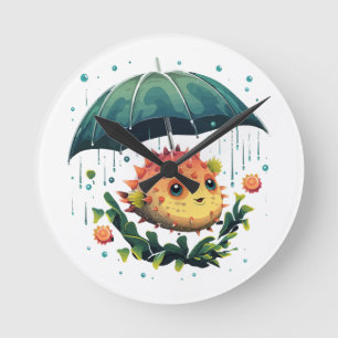 Puffer Fish Rainy Day With Umbrella Round Clock