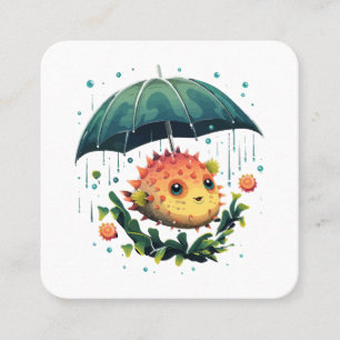 Puffer Fish Rainy Day With Umbrella Square Business Card