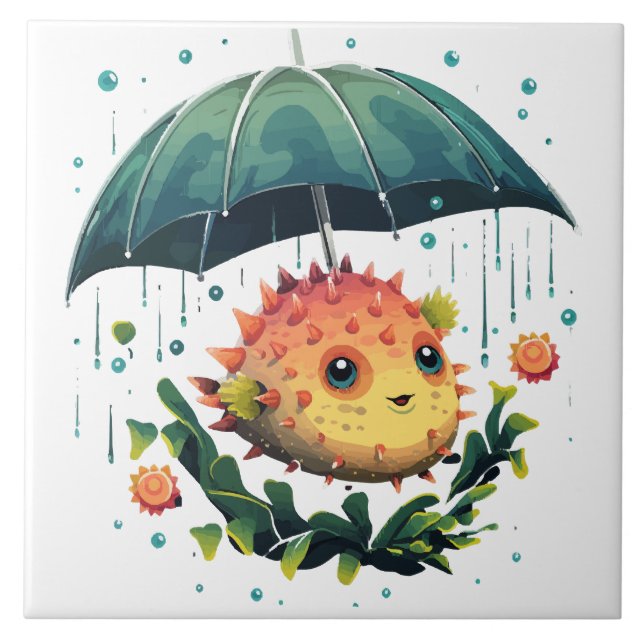 Puffer Fish Rainy Day With Umbrella Tile (Front)