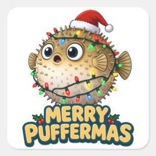 Puffer Fish Santa Hat Christmas Lights Merry   Square Sticker