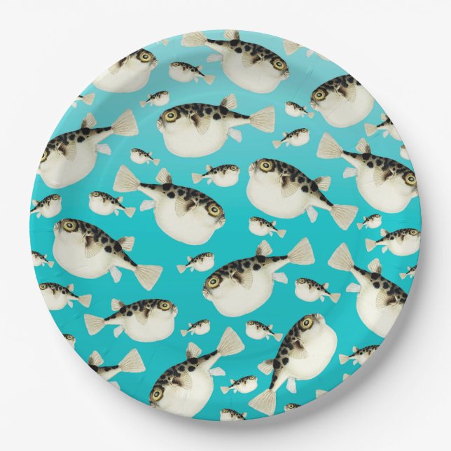 puffer fish teal pattern paper plate (Front)