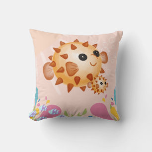 Puffer fishes in pink ocean scene, throw pillow