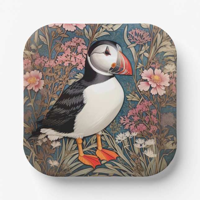 Puffin And Sea Thrift Flowers William Morris Paper Plate (Front)