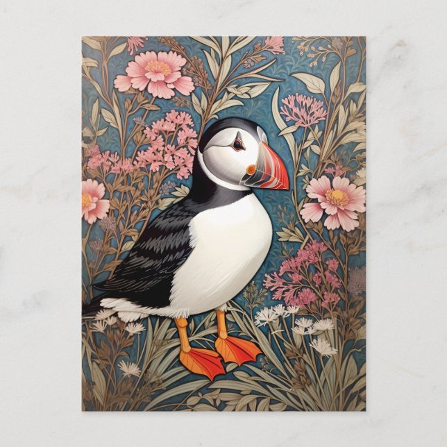 Puffin And Sea Thrift Flowers William Morris Postcard (Front)