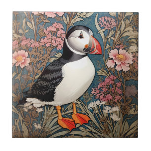 Puffin And Sea Thrift Flowers William Morris Tile