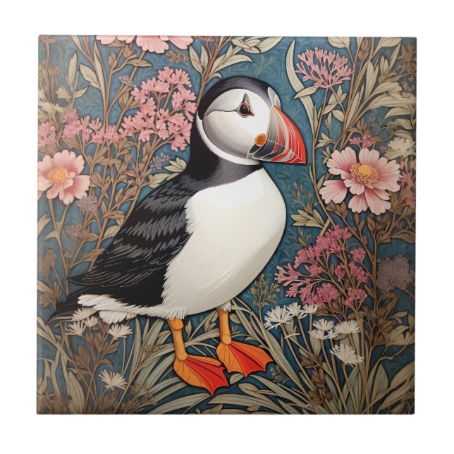 Puffin And Sea Thrift Flowers William Morris Tile (Front)