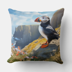 Puffin Animal Bird Wildlife Wilderness Colourful Throw Pillow