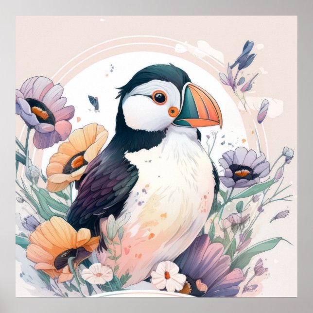 Puffin Bird Portrait Animal Painting Wildlife Free Poster (Front)