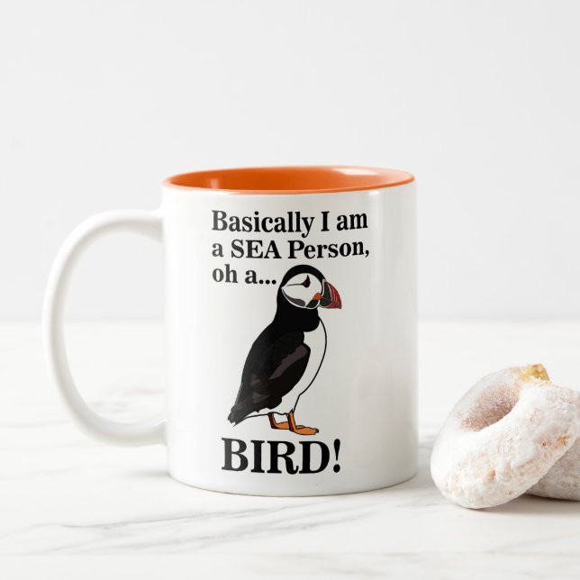 Puffin Bird Seabird Funny Two-Tone Coffee Mug (With Donut)