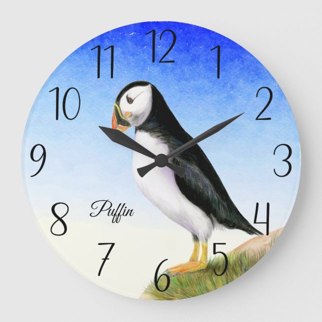 Puffin Bird Watercolor Painting Poster Large Clock (Front)