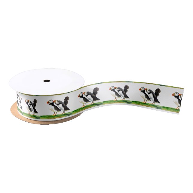 Puffin Bird Watercolor Painting Satin Ribbon (Spool)