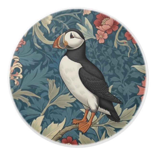 Puffin Bird William Morris style Left Ceramic Knob (Front)