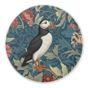 Puffin Bird William Morris style Right Facing Ceramic Knob