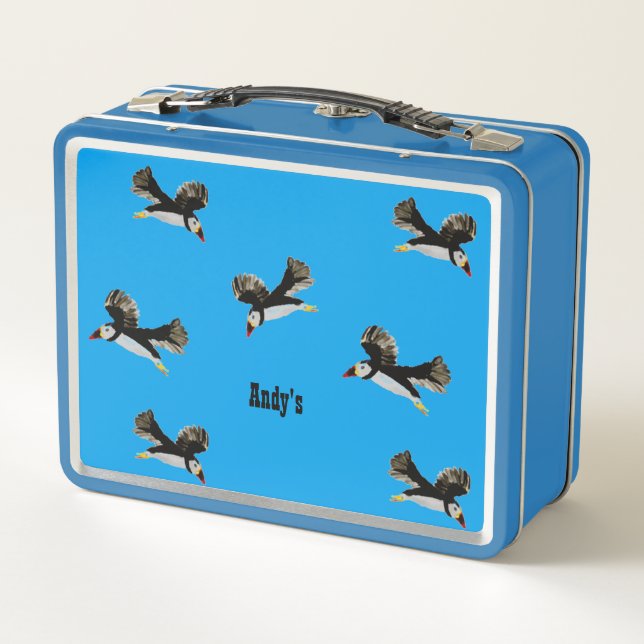 Puffin Birds Flying Fun Personalized Metal Lunch Box (Back)