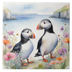 Puffin Birds on Floral Coast with Wildflowers Tile