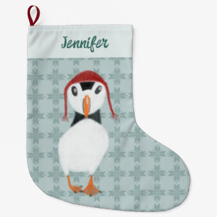 Puffin in Winter Hat Personalized Large Christmas Stocking