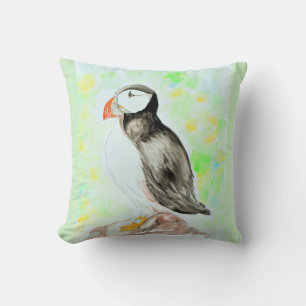 Puffin Ink and Watercolor Painting Throw Pillow