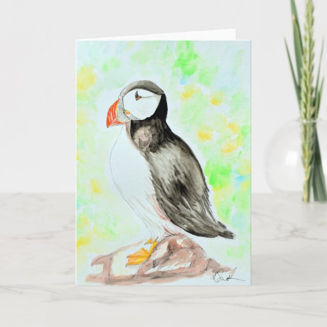 Puffin Ink and Watercolour Painting Card (Front)