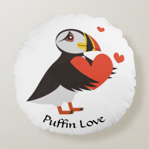 Puffin Love Red Hearts Round Pillow