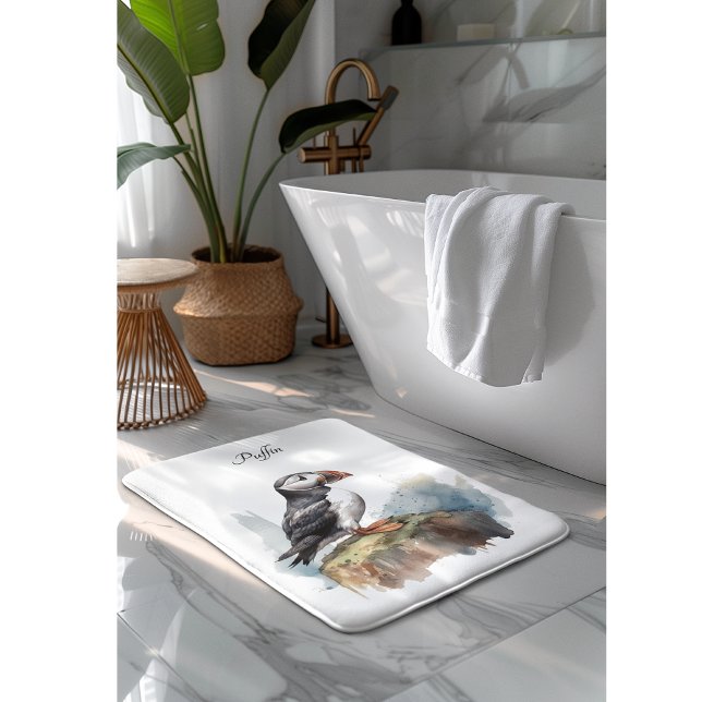 Puffin on a Rock Watercolor, custom Bath Mat (Creator Uploaded)