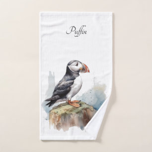 Puffin on a Rock Watercolor, custom Bath Towel Set
