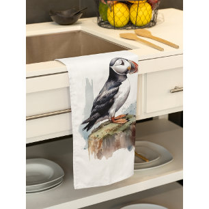 Puffin on a Rock Watercolor, custom Kitchen Towel