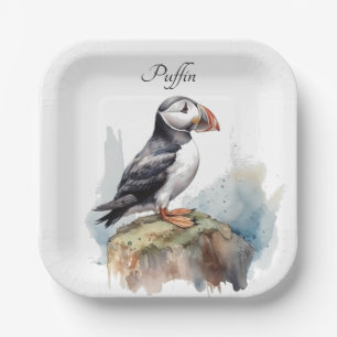 Puffin on a Rock Watercolor, custom Paper Plate