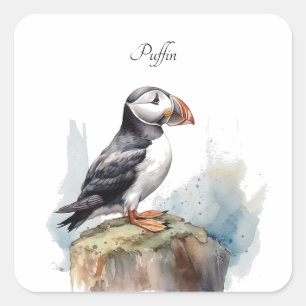 Puffin on a Rock Watercolor, custom Square Sticker