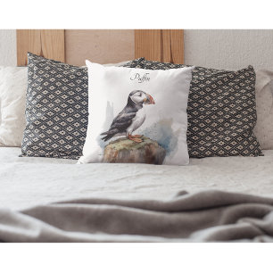 Puffin on a Rock Watercolor, custom Throw Pillow