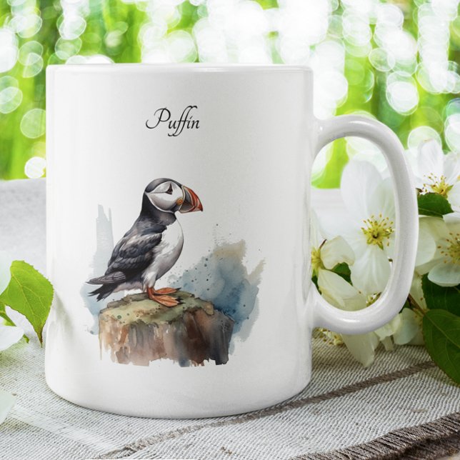 Puffin on a Rock Watercolor, custom Two-Tone Coffee Mug (Creator Uploaded)