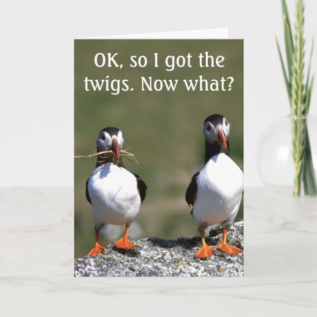 Puffin Pair 'got the twigs' Birthday Card (Front)