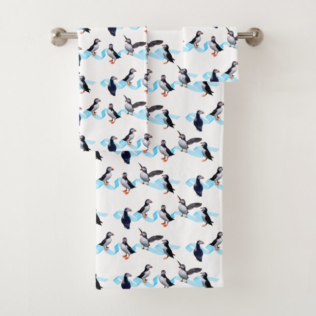 Puffin Party Bathroom Towel Set (Insitu)