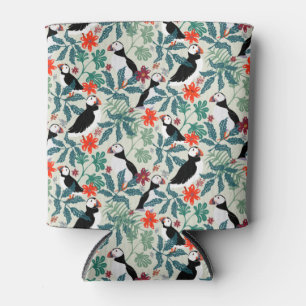Puffin Pattern Warm Beige Can Cooler