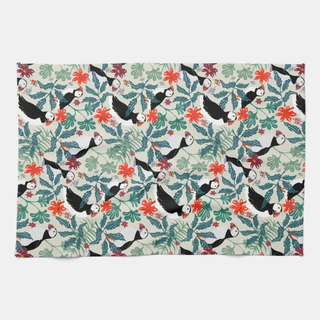 Puffin Pattern Warm Beige Kitchen Towel (Horizontal)