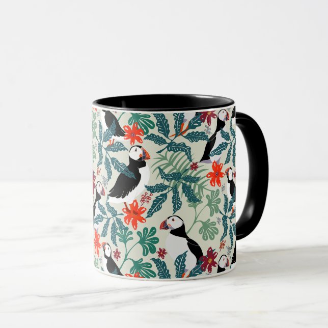 Puffin Pattern Warm Beige Mug (Front Right)