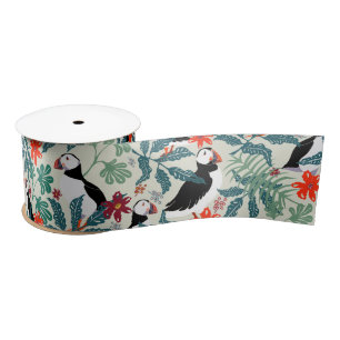 Puffin Pattern Warm Beige Satin Ribbon