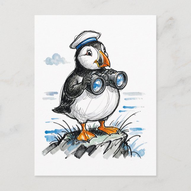 Puffin Scouting Horizon with Binoculars Ink Illust Postcard (Front)