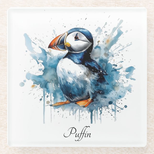 Puffin Splash, custom Glass Coaster (Front)