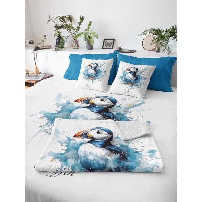 Puffin Splash, custom Throw Pillow (Creator Uploaded)