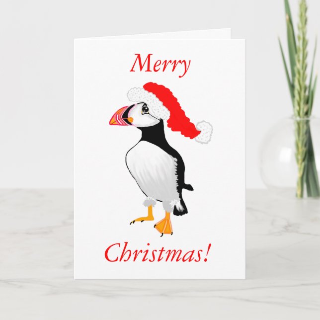 Puffin With Santa Hat Holiday Card (Front)