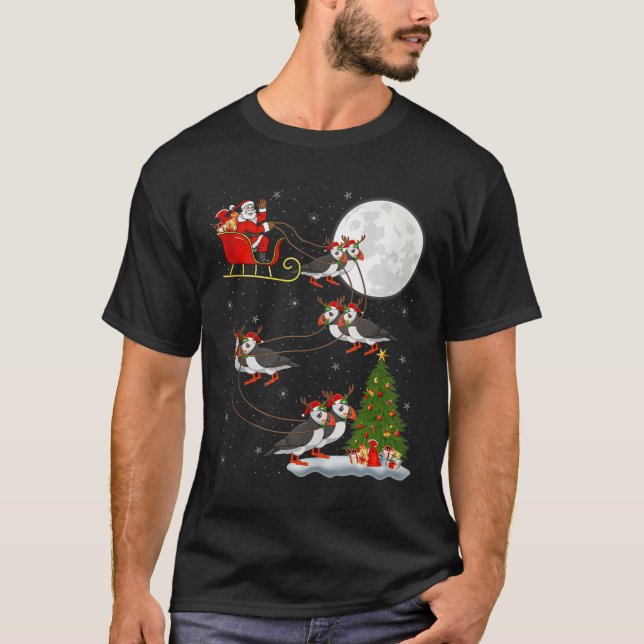 Puffins Bird Santa Sleigh Flying Funny Magical Chr T-Shirt (Front)