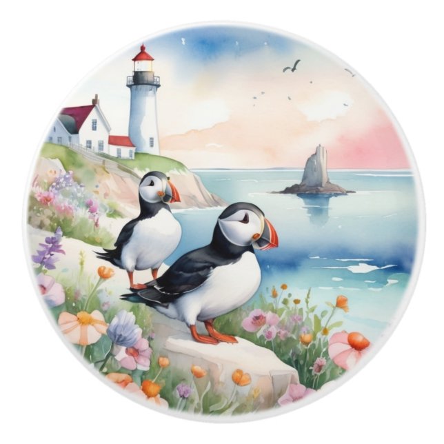 Puffins by the Sea - Ocean Flowers & Lighthouse Ceramic Knob (Front)