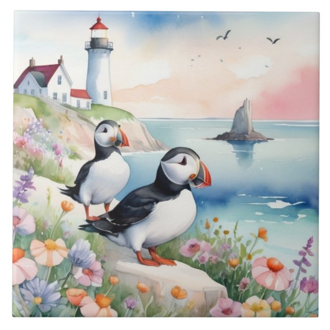 Puffins by the Sea - Ocean Flowers & Lighthouse Tile (Front)