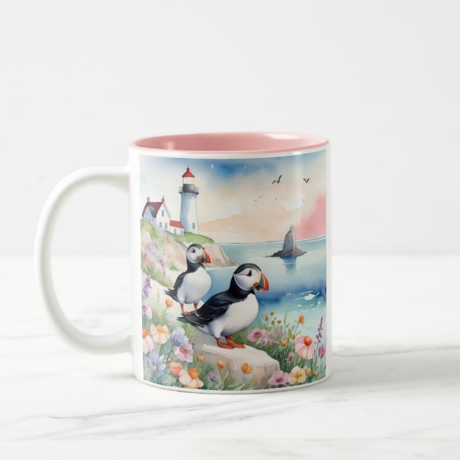 Puffins by the Sea - Ocean Flowers & Lighthouse Two-Tone Coffee Mug (Left)