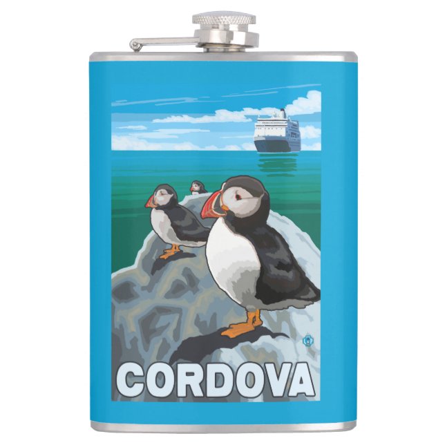 Puffins & Cruise Ship - Cordova, Alaska Hip Flask (Front)