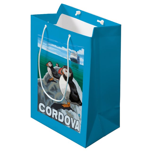 Puffins & Cruise Ship - Cordova, Alaska Medium Gift Bag (Front Angled)